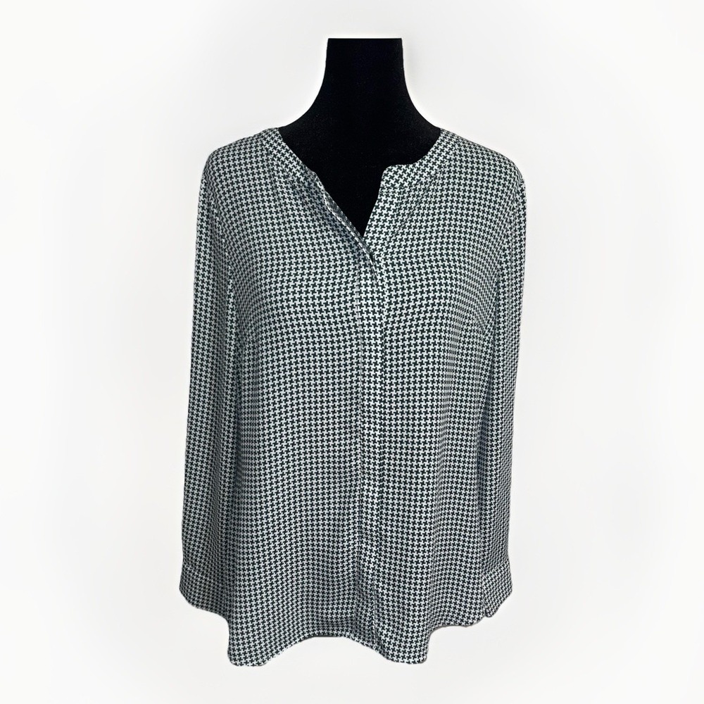 5/25 Talbots‎ Houndstooth Print Button Down Flowy Blouse Top Green White Size PS